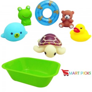 Smart Picks 6pcs Squeeze Bath Toy with Plastic Bathtub for Toddler Baby