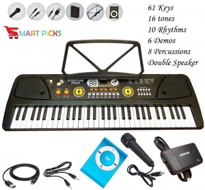 Smart Picks 61 Keys Electronic Piano Keyboard with Display and External Accessories Like Mp3 Player, USB, Microphone, External Battery Box and AUX in Jack